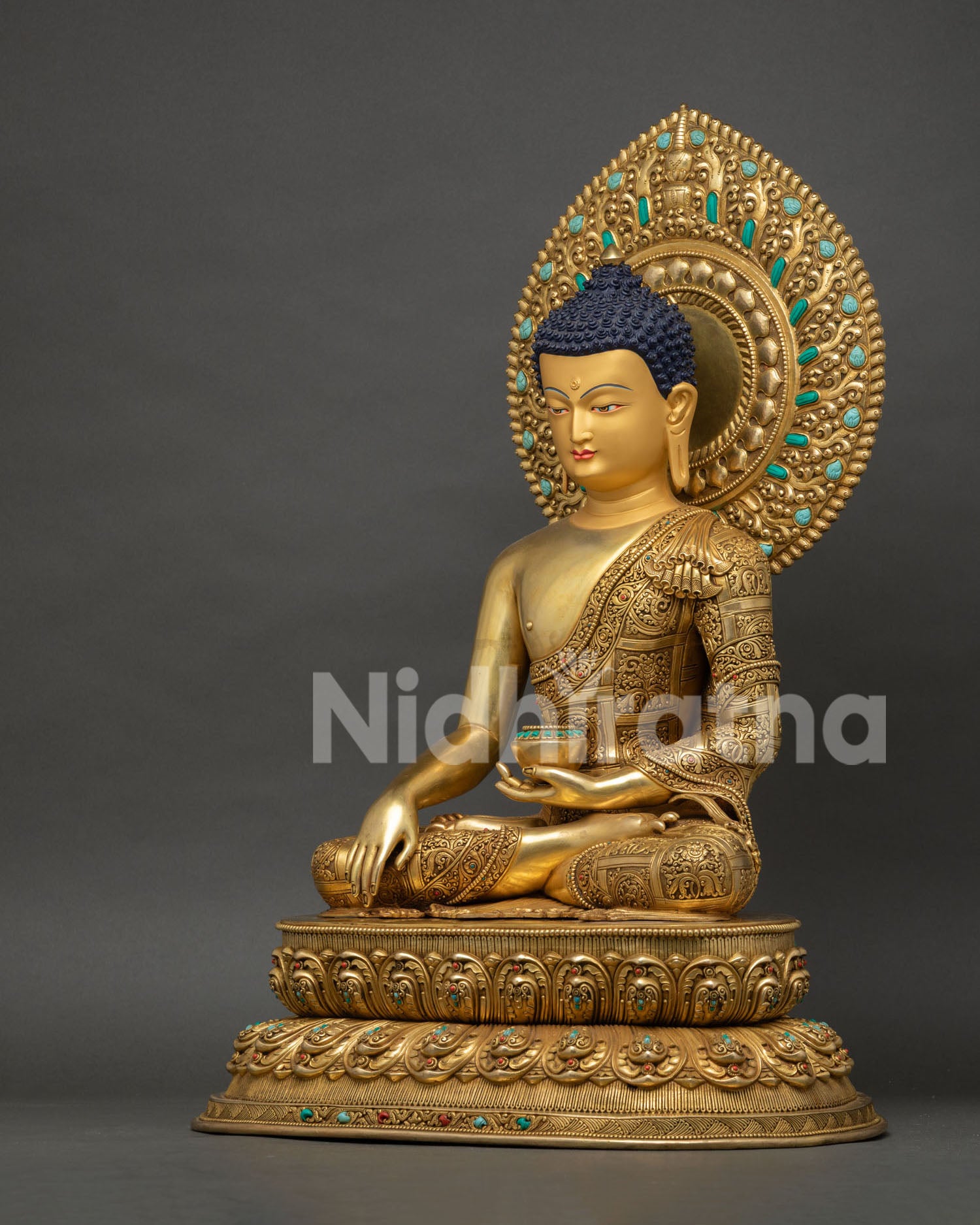 Copper alloy Buddha statue, three-quarter angle, double-lotus seat and halo