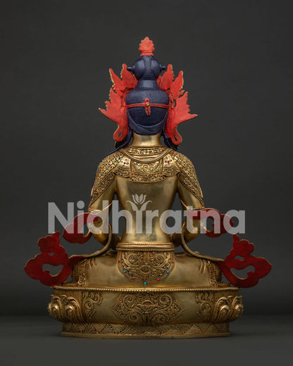 Copper Amitayus Buddha statue with floral carvings, handcrafted by Newari artisans.