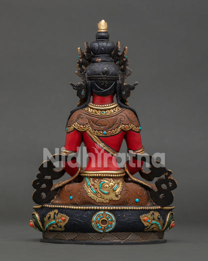 Copper Amitayus Buddhist Statue with lotus pedestal and Newari craftsmanship from Nepal