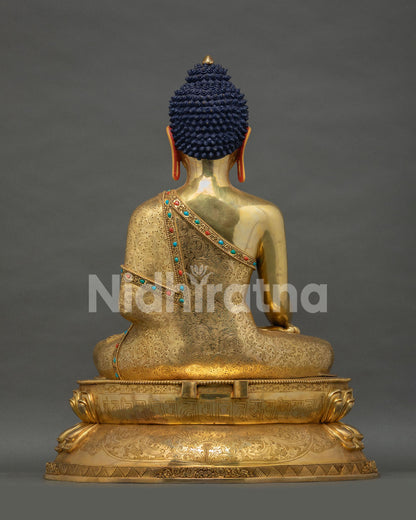 Copper bronze Buddha Shakyamuni Statue side view with double lotus pedestal base