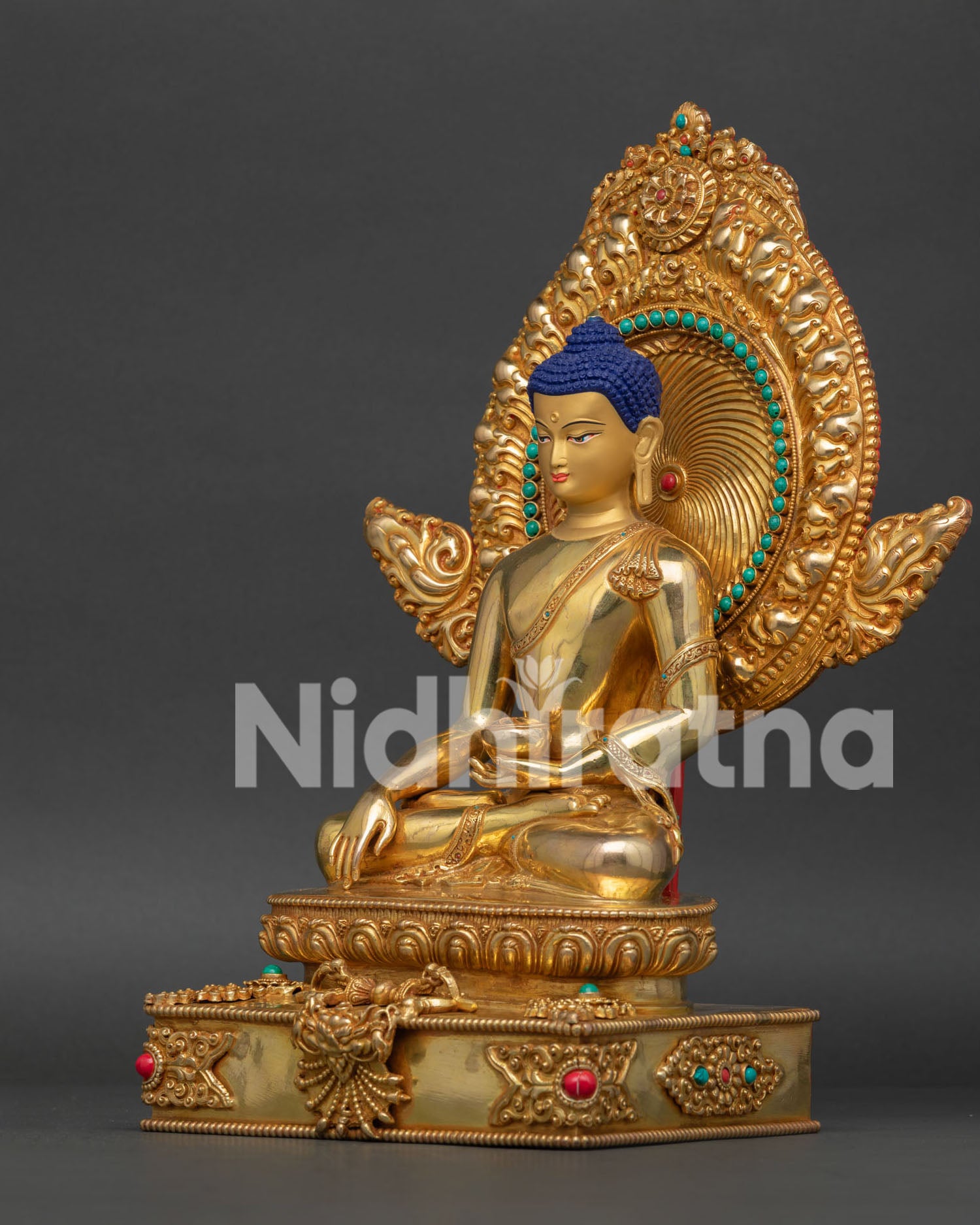 Copper Buddha statue with gold gilding, Himalayan Buddhist art