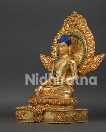 Copper Buddha statue with gold gilding, Himalayan Buddhist art