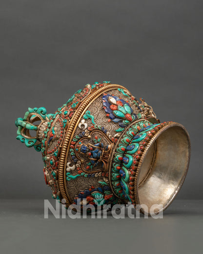 Copper gold plated filigree design on handcrafted Nepal rice pot