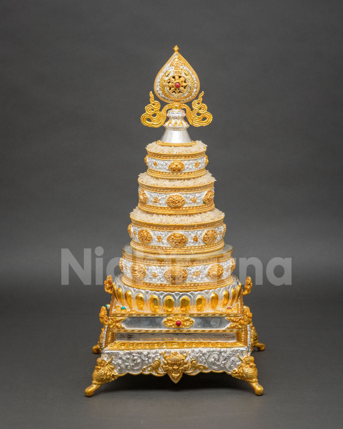 Copper Mandala Offering Set with turquoise Dharma Wheel finial and intricate carvings