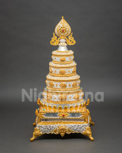 Copper Mandala Offering Set with turquoise Dharma Wheel finial and intricate carvings