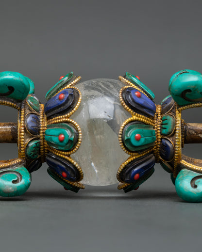 copper vajra for buddhist altar with crystal core and semi-precious stone inlay