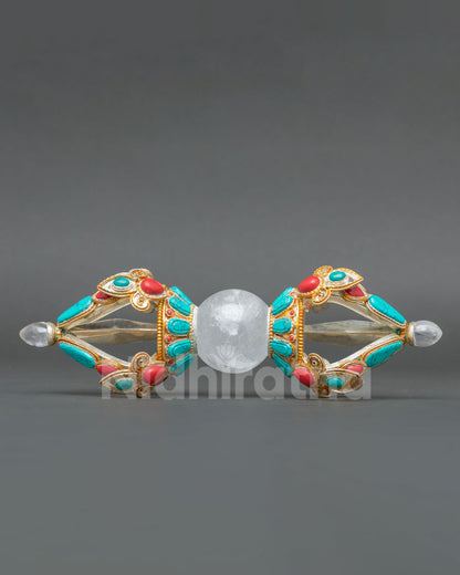Copper Vajra Statue with Crystal Core and Gold Gilded Filigree