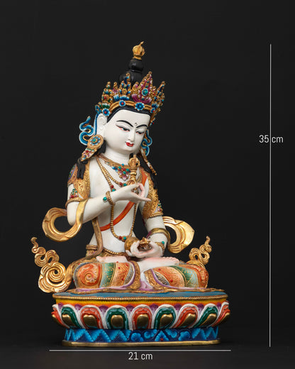 Copper Vajrasattva Buddhist statue with vibrant acrylic colors gold gilded details and semi precious stones