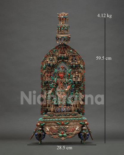 Coral Padmapani Lokeshvara statue front view with lotus pedestal and precious stone gateway