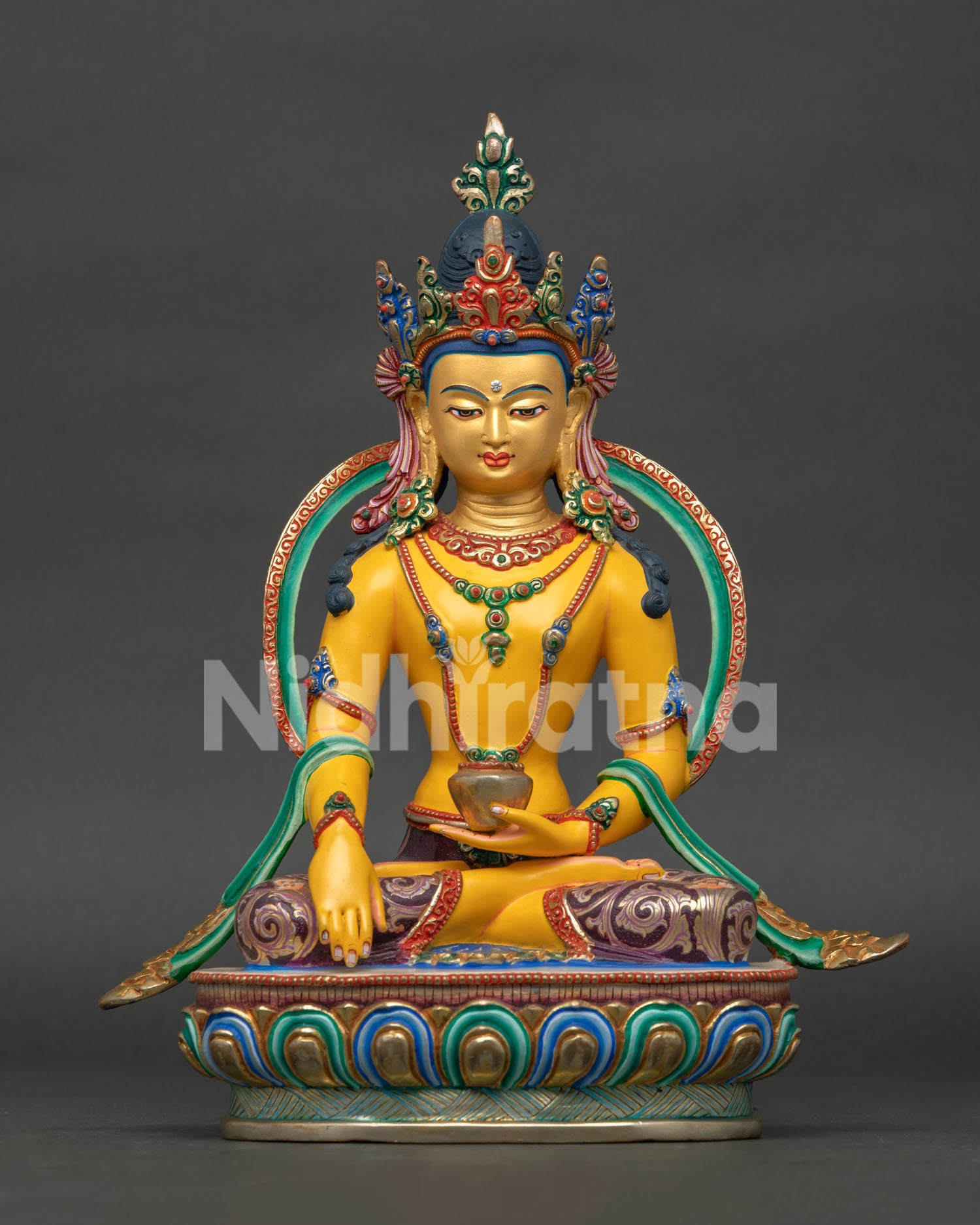 Crown Buddha Shakyamuni statue with gold painted face and five point jeweled crown handcrafted in Nepal