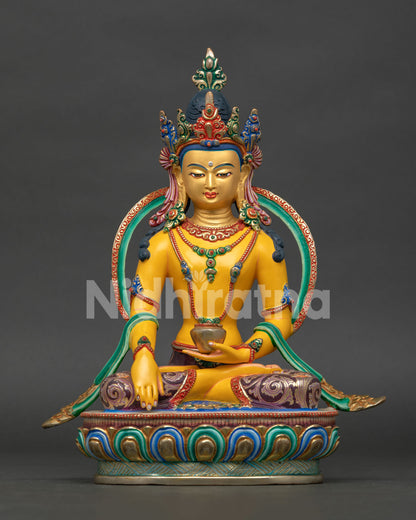 Crown Buddha Shakyamuni statue with gold painted face and five point jeweled crown handcrafted in Nepal