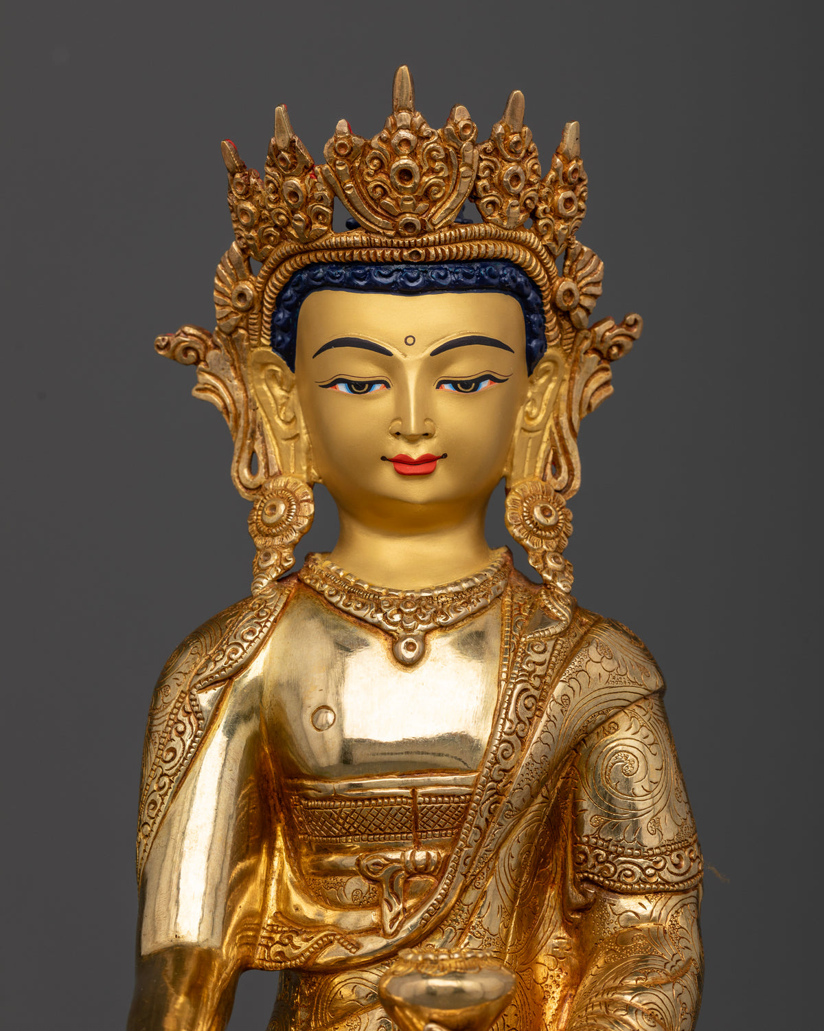 Crown Shakyamuni Buddha Statue in copper with gold fire gilded finish and 24K gold painted face.
