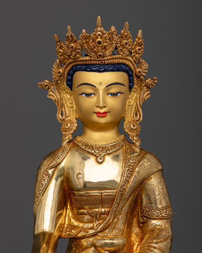 Crown Shakyamuni Buddha Statue in copper with gold fire gilded finish and 24K gold painted face.