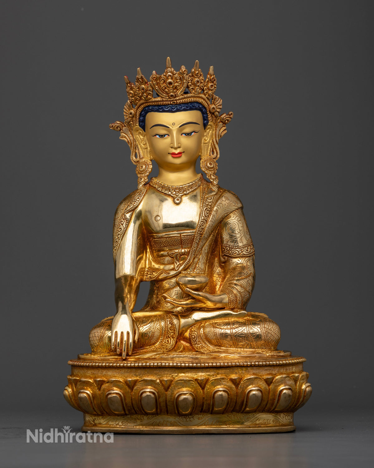 Crown Shakyamuni Buddha Statue seated on lotus pedestal in Earth Touching Mudra holding alms bowl.