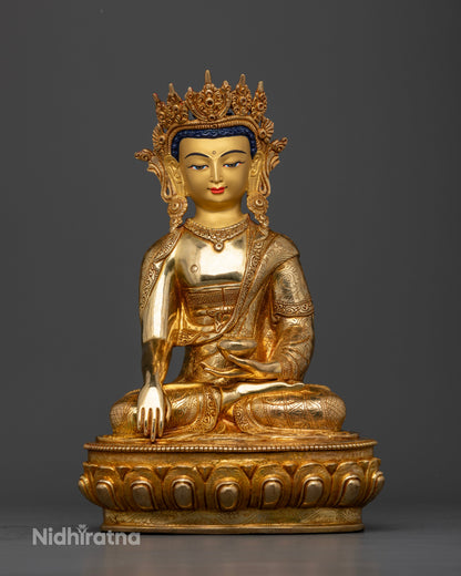 Crown Shakyamuni Buddha Statue seated on lotus pedestal in Earth Touching Mudra holding alms bowl.