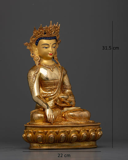 Crown Shakyamuni Buddha Statue with ornate five jewel crown and intricately carved floral robe.