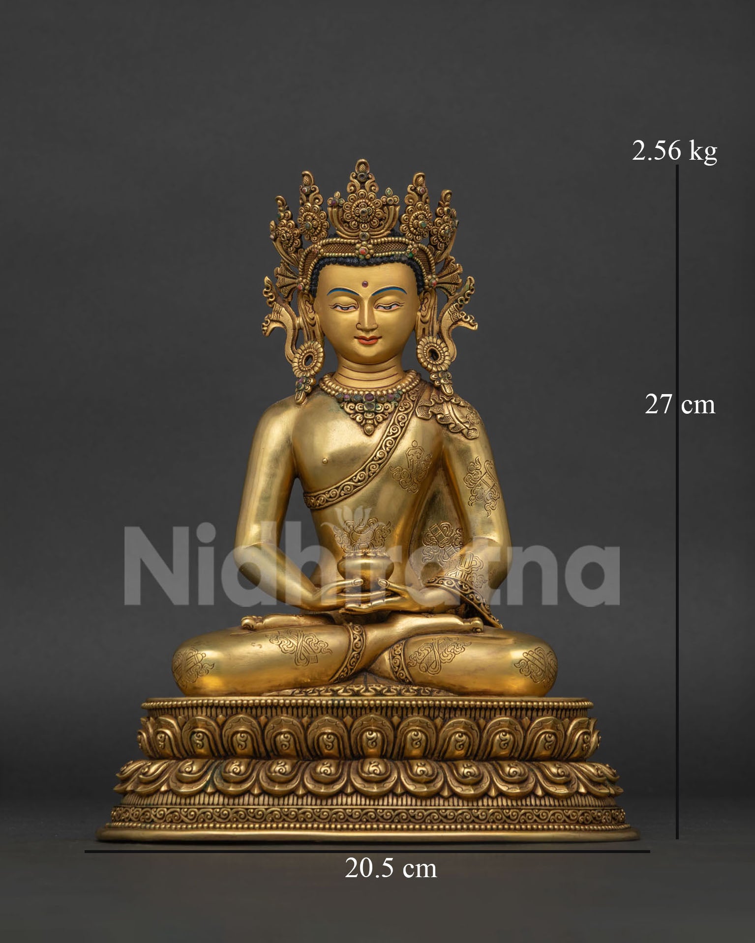 Crowned Amitabha Buddha seated in Dhyana Mudra with an alms bowl