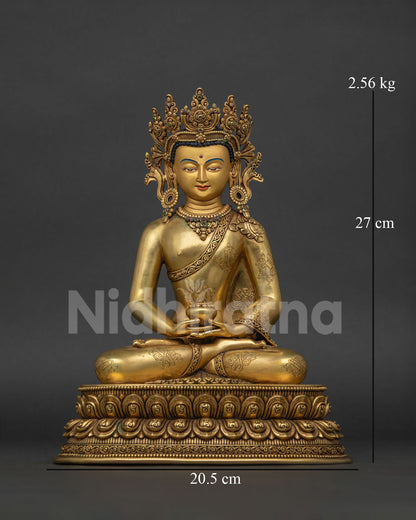 Crowned Amitabha Buddha seated in Dhyana Mudra with an alms bowl