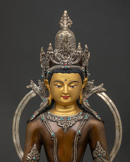 Crowned Amitabha Buddha Statue Close-Up – Gold Painted Face, Silver Oxidized Crown