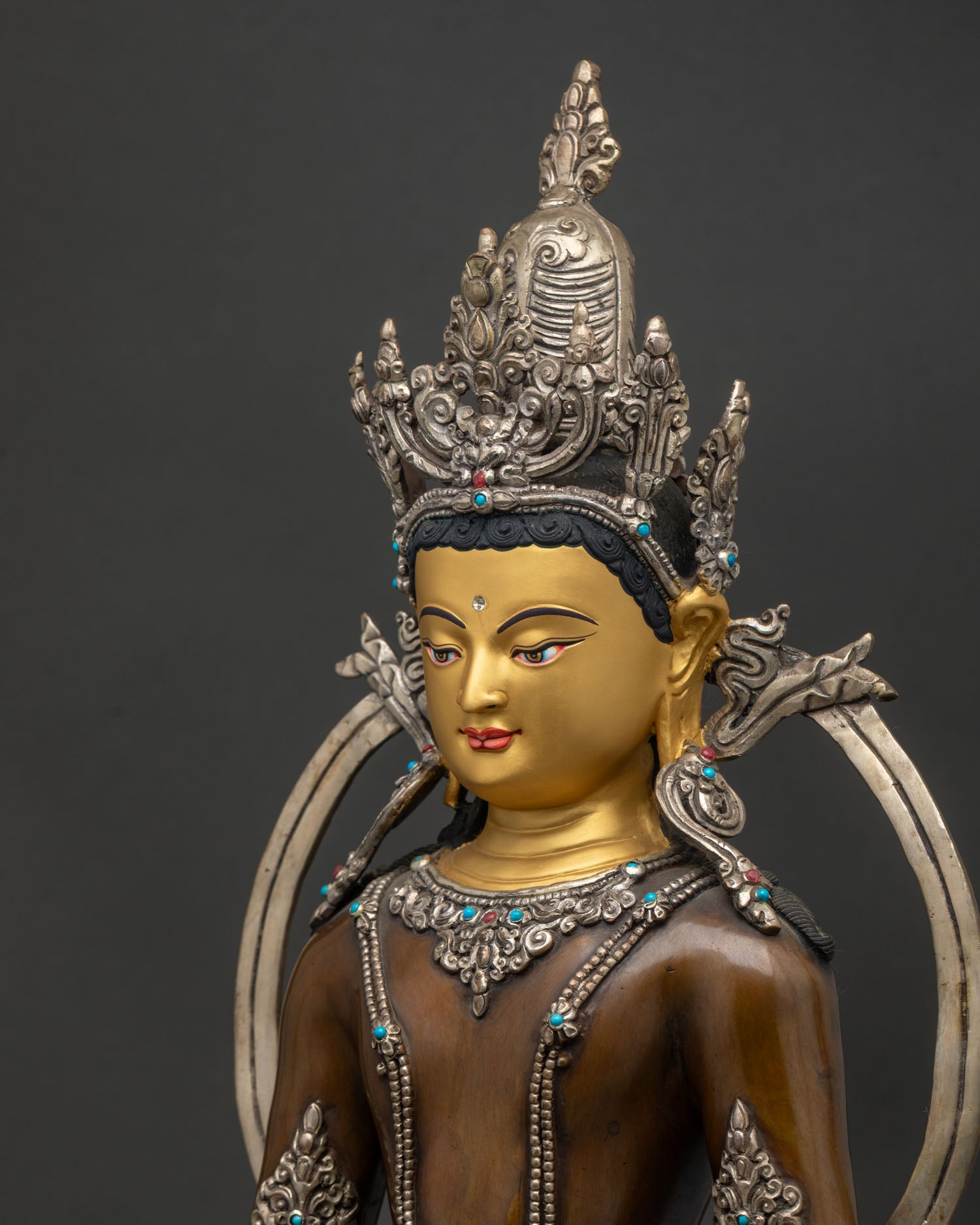 Crowned Amitabha Buddha Statue Detailed Side Close Up Silver Plated Robe
