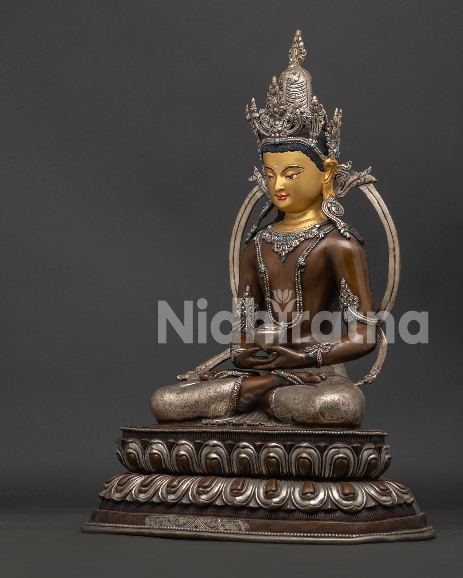 Crowned Amitabha Buddha Statue Left View Side Lotus Throne Details