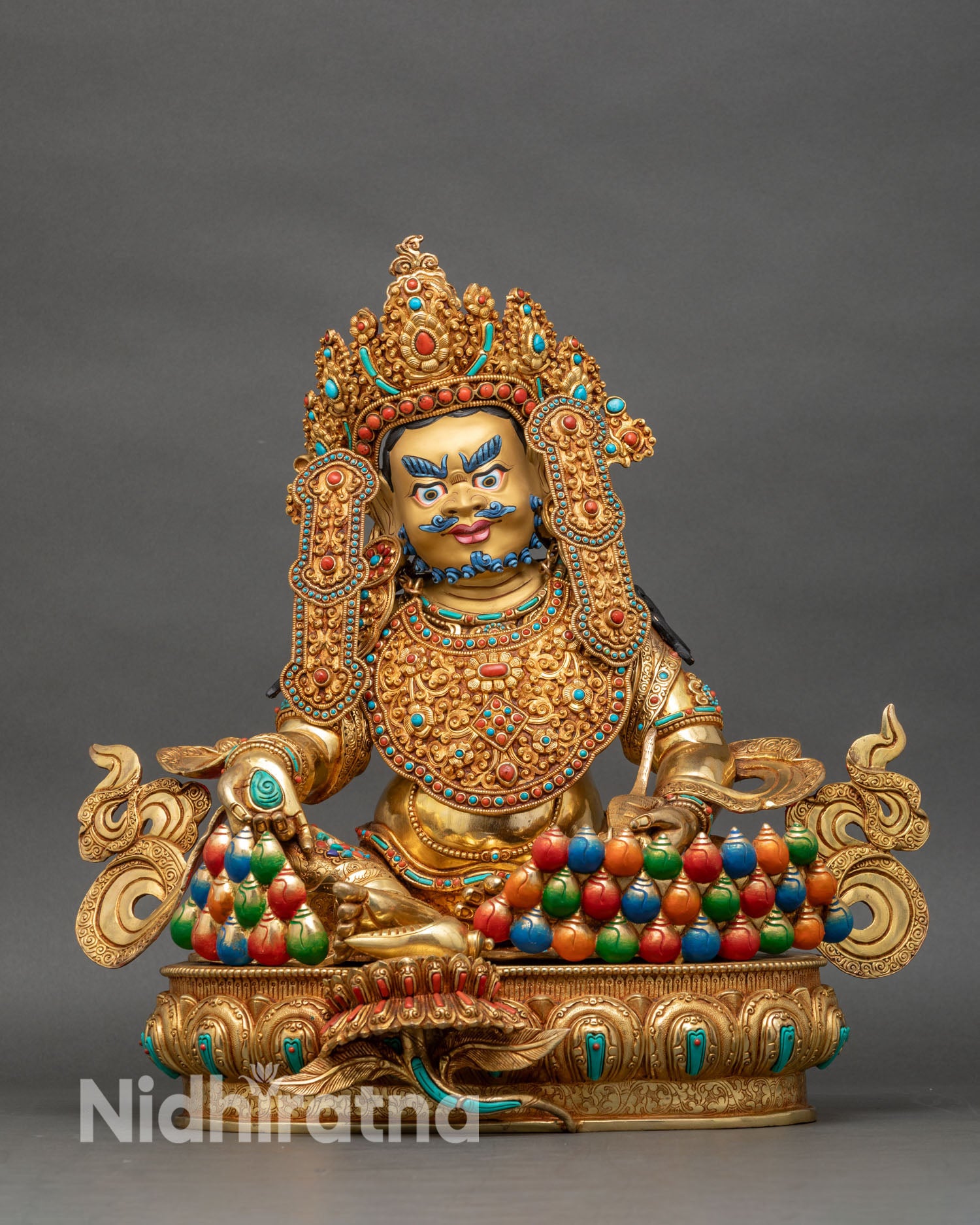 Crowned Dzambhala Statue gold fire-gilded copper Tibetan wealth deity front view