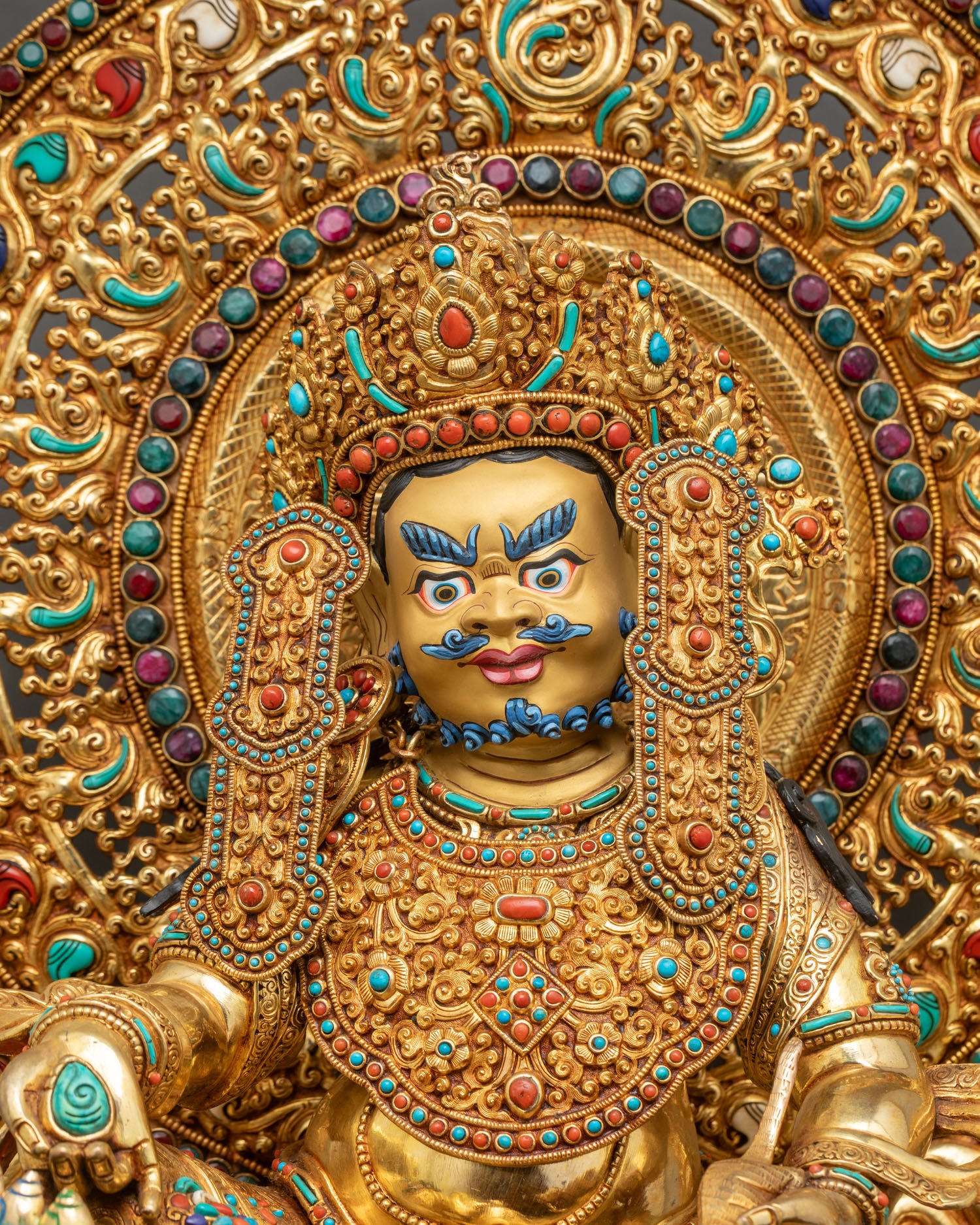 Crowned Jambhala Nepal Statue Front View Gold Fire Gilded Turquoise Coral Gems