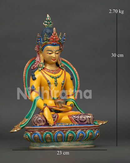 Crowned Shakyamuni Buddha seated in bhumisparsha mudra with begging bowl on lotus pedestal