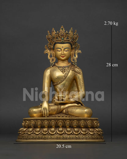Crowned Shakyamuni Buddha seated on a double lotus with alms bowl and Earth Touching Mudra