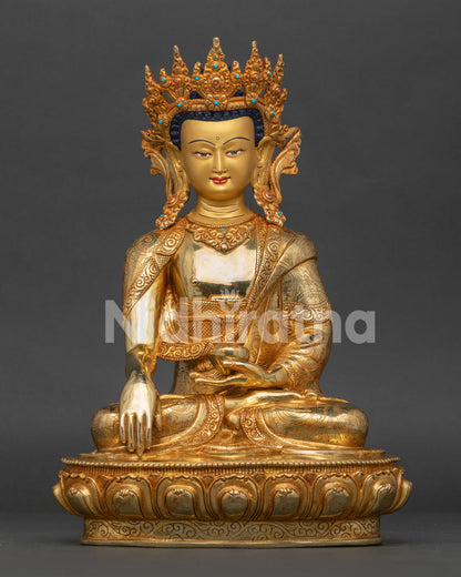 Crowned Shakyamuni Buddha statue from Nepal, gold gilded copper Buddhist sculpture