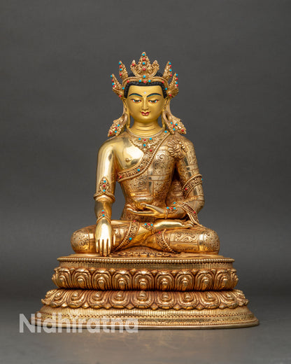 Crowned Shakyamuni Buddha statue front view, copper and 24K gold Nepalese artwork