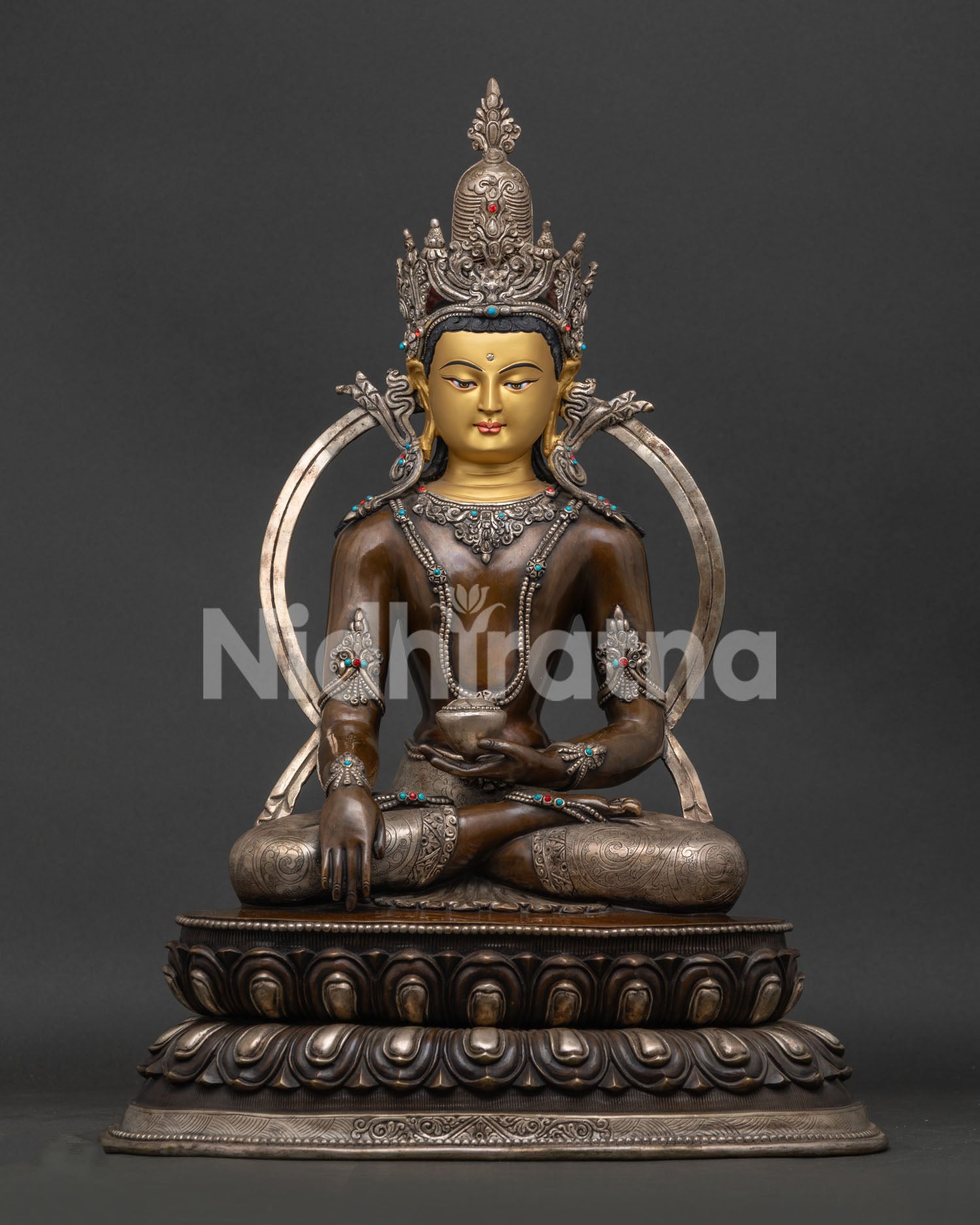 Crowned Shakyamuni Buddha Statue front view oxidized copper sculpture from Nepal