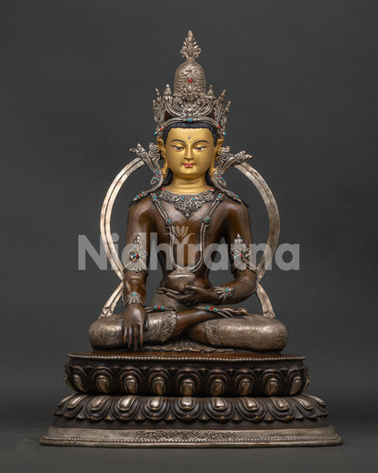 Crowned Shakyamuni Buddha Statue front view oxidized copper sculpture from Nepal