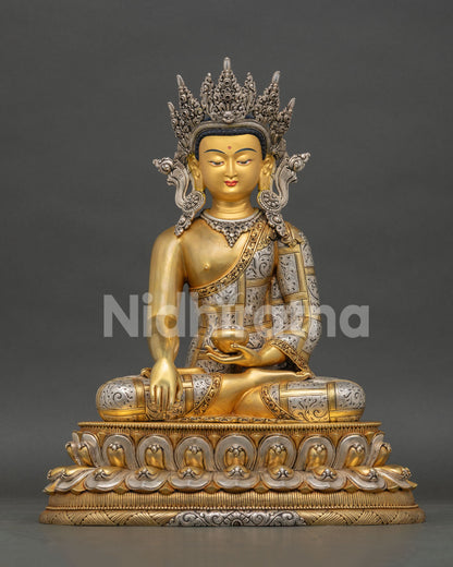 crowned shakyamuni buddha statue handcrafted copper with gold gilding and lotus throne