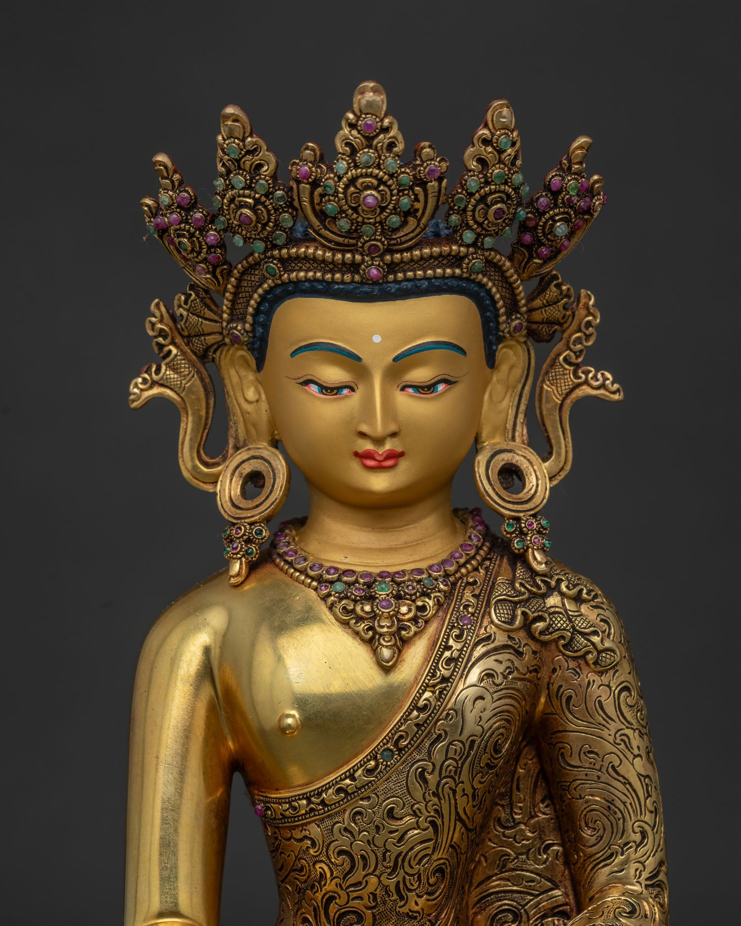 crowned shakyamuni buddha statue regular close up showing vajrayana craftsmanship