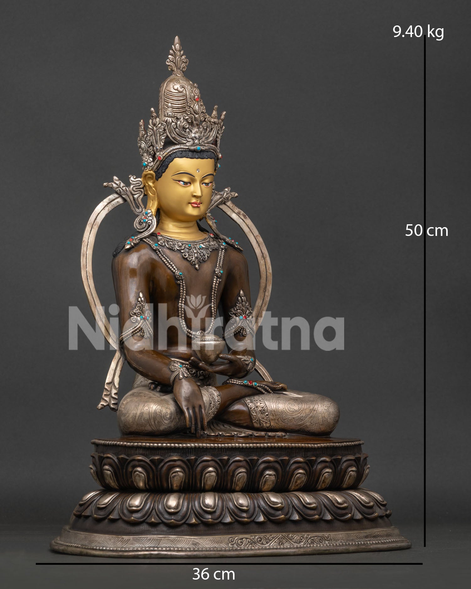 Crowned Shakyamuni Buddha Statue right view side oxidized copper craftsmanship