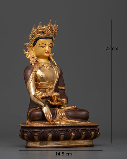 Crowned Shakyamuni Buddha statue with intricate hand carved monk robe