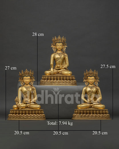 Crowned Three Buddha set with Shakyamuni Medicine Buddha and Amitabha in 24K gold