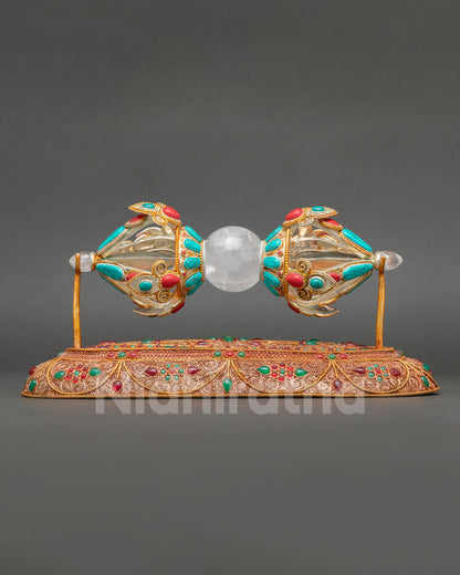 Crystal Sphere Center Vajra Dorje Sacred Buddhist Ceremonial Implement With Intricately Carved Copper Structure