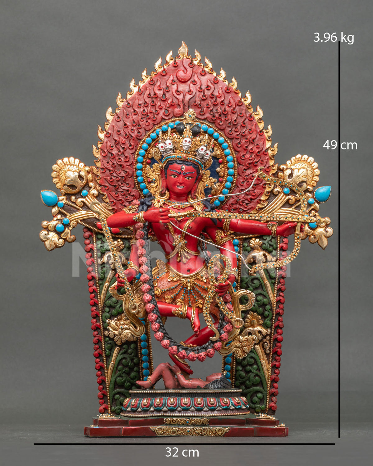 Dancing Kurukulla statue front view with flaming halo, 49 cm tall, handcrafted Red Tara from Nepal