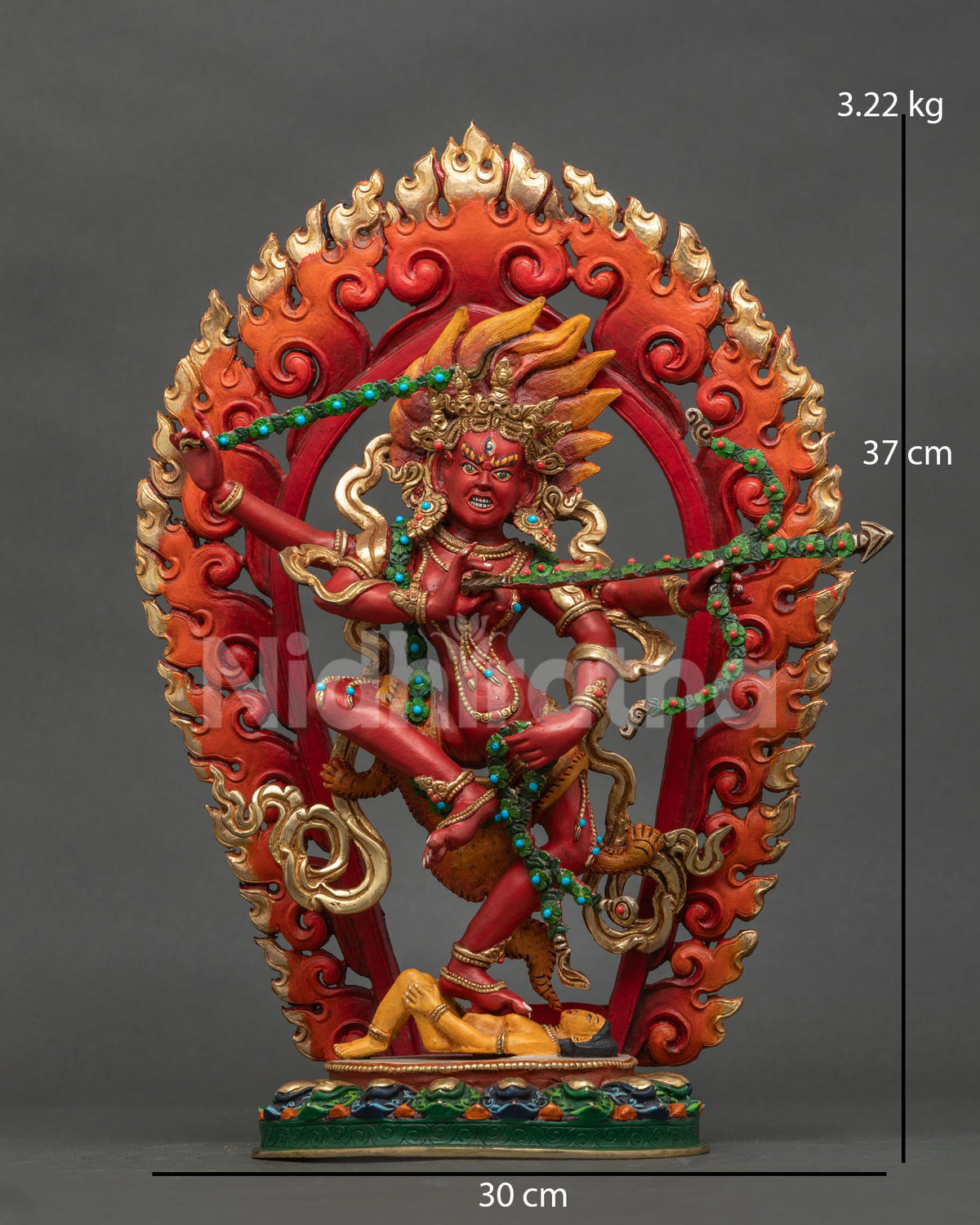 Dancing Kurukulla Statue in copper with gold gilding, Nepalese Buddhist deity front view