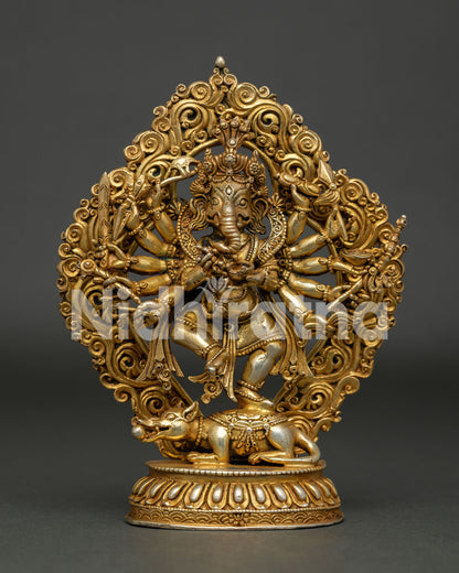 Dancing Lord Ganesh Statue Front View with 24K Gold Fire Gilding and Mushika.