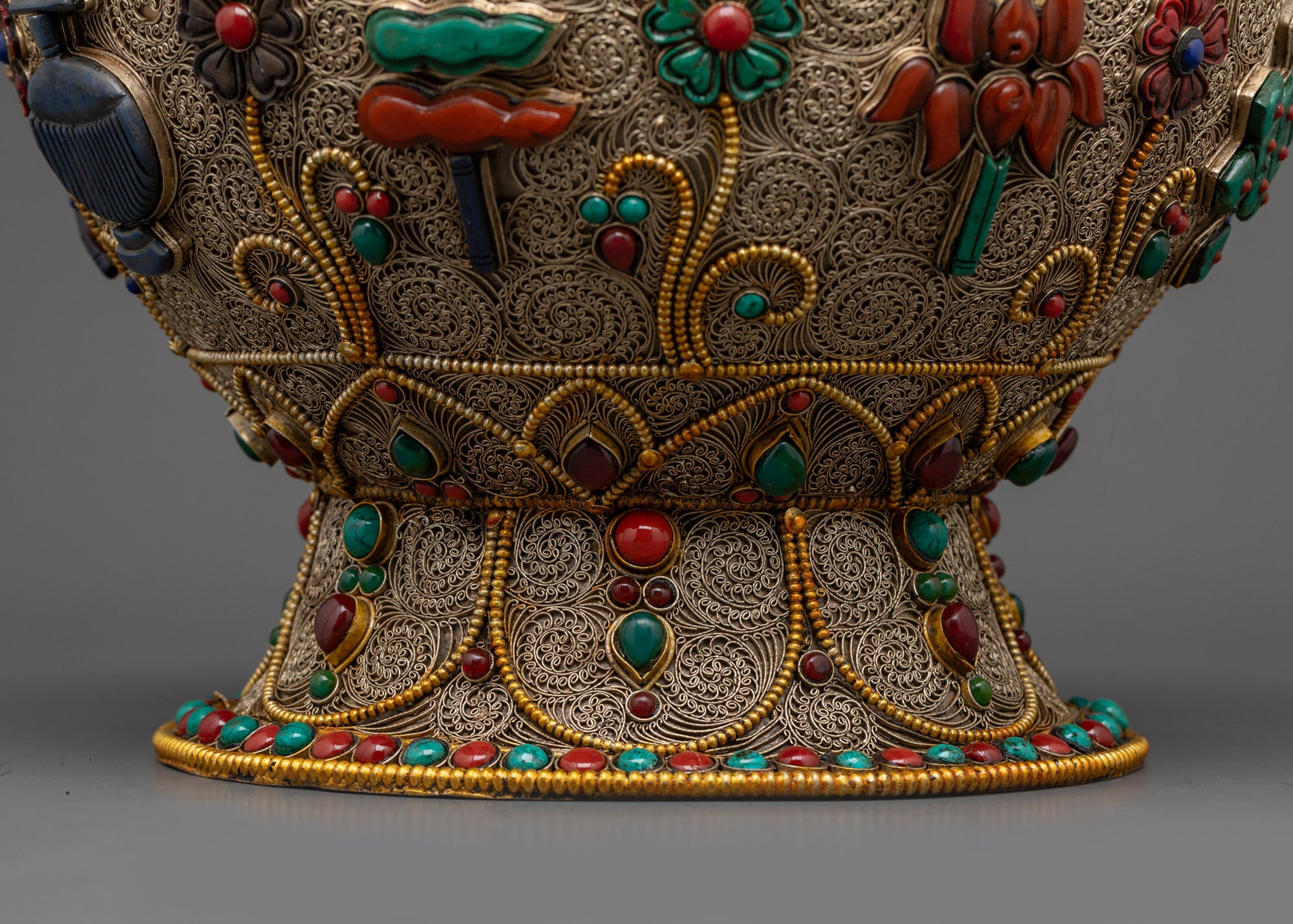 Side view of Traditional Nepalese Rice Pot featuring lotus, conch, kalash & auspicious symbols