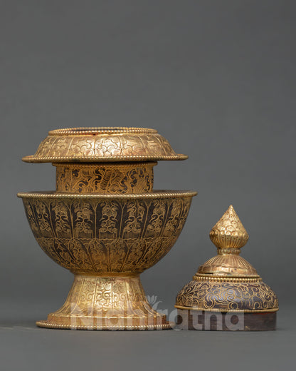 decorative himalayan neshi rice pot with lid and gold gilded patterns