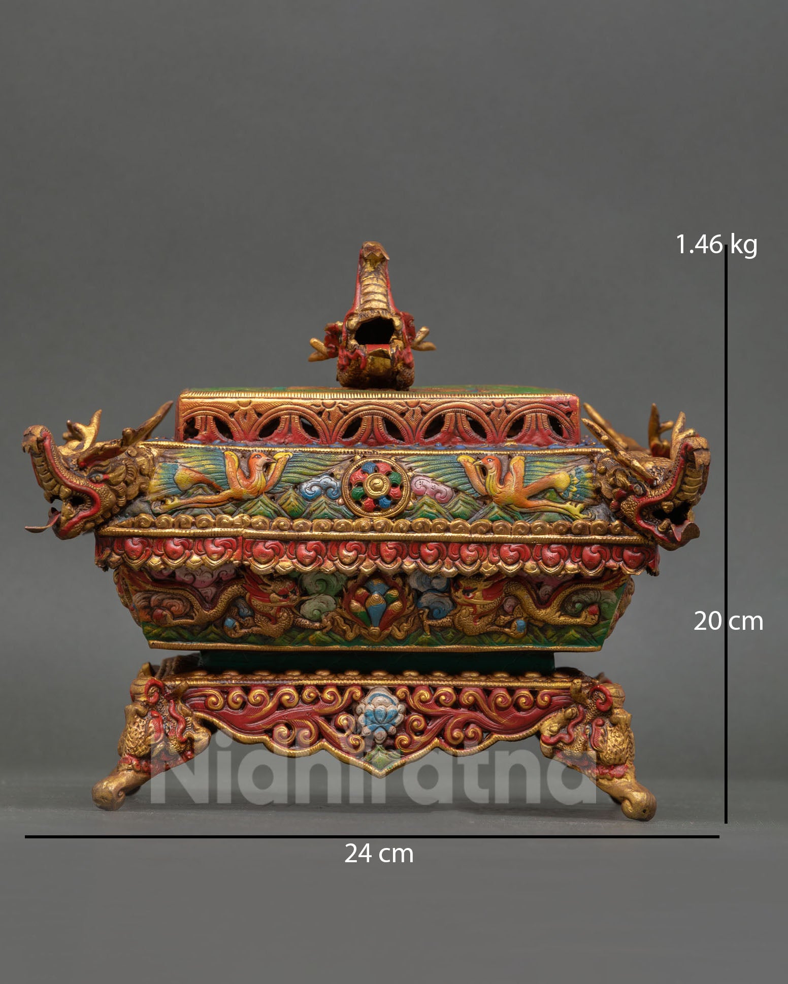 decorative incense burner set for altar use, copper and 24k gold gilded ritual censer with dragon design
