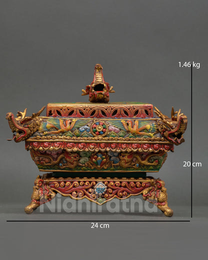 decorative incense burner set for altar use, copper and 24k gold gilded ritual censer with dragon design