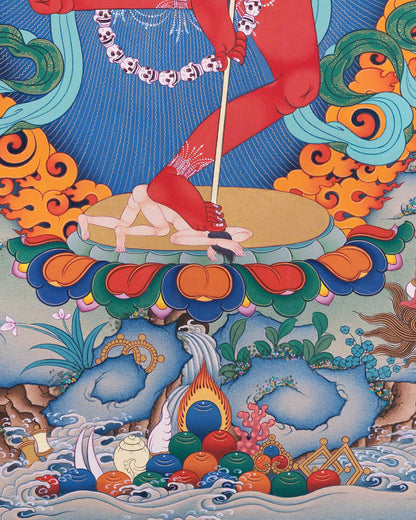Detail of Dorje Phagmo's feet on lotus pedestal above skull garland and ritual offerings