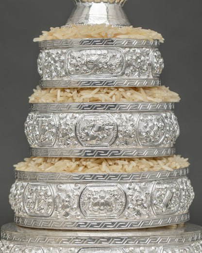 Detail of Hand-Engraved Eight Auspicious Symbols on Silver Mandala Offering Ring
