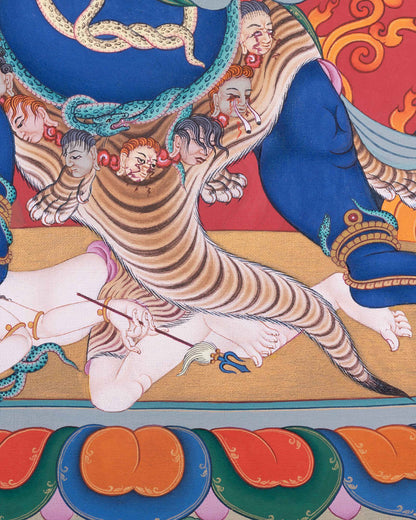 Detail of the tiger-skin figure trampled beneath Vajrapani on the lotus throne