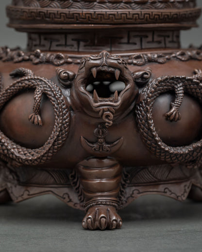 Detail of Vajradaka seated on lotus base above carved incense burner
